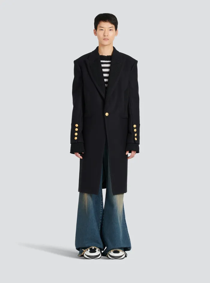 Balmain Outerwear Mens Long Wool Coat With MonogramPatterned Collar And Lining Black Balmain Outerwear Mens Long Wool Coat With MonogramPatterned Collar And Lining Black