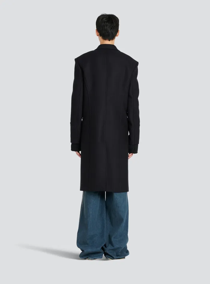 Balmain Outerwear Mens Long Wool Coat With MonogramPatterned Collar And Lining Black Balmain Outerwear Mens Long Wool Coat With MonogramPatterned Collar And Lining Black