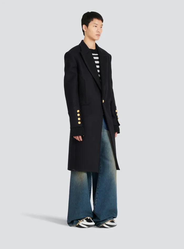 Balmain Outerwear Mens Long Wool Coat With MonogramPatterned Collar And Lining Black Balmain Outerwear Mens Long Wool Coat With MonogramPatterned Collar And Lining Black