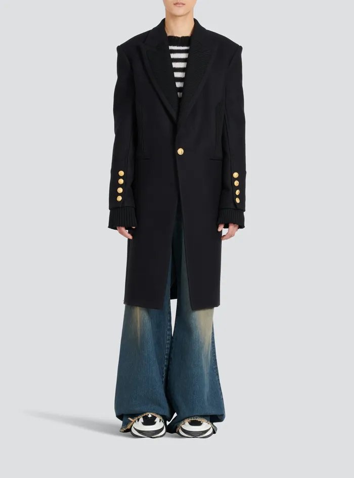 Balmain Outerwear Mens Long Wool Coat With MonogramPatterned Collar And Lining Black Balmain Outerwear Mens Long Wool Coat With MonogramPatterned Collar And Lining Black