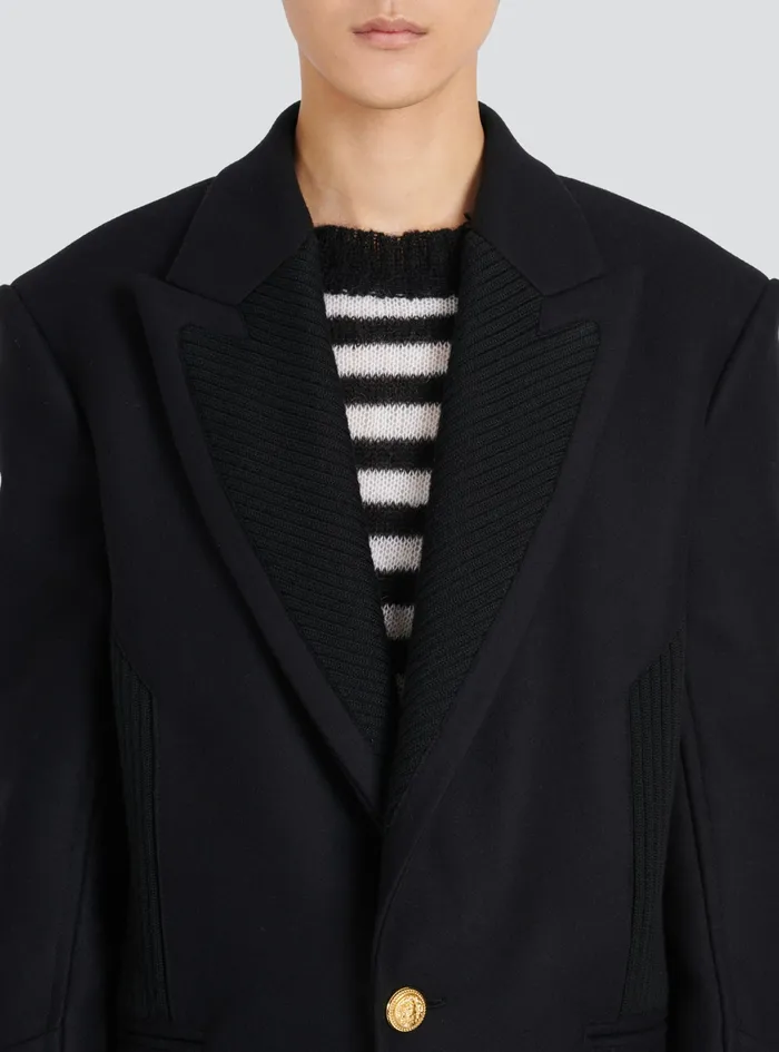 Balmain Outerwear Mens Long Wool Coat With MonogramPatterned Collar And Lining Black Balmain Outerwear Mens Long Wool Coat With MonogramPatterned Collar And Lining Black