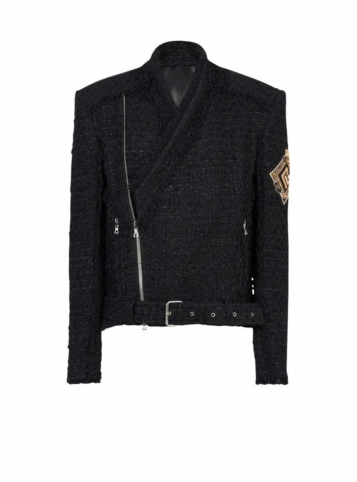 Balmain Outerwear Mens Tweed Jacket With Balmain Badge Black
