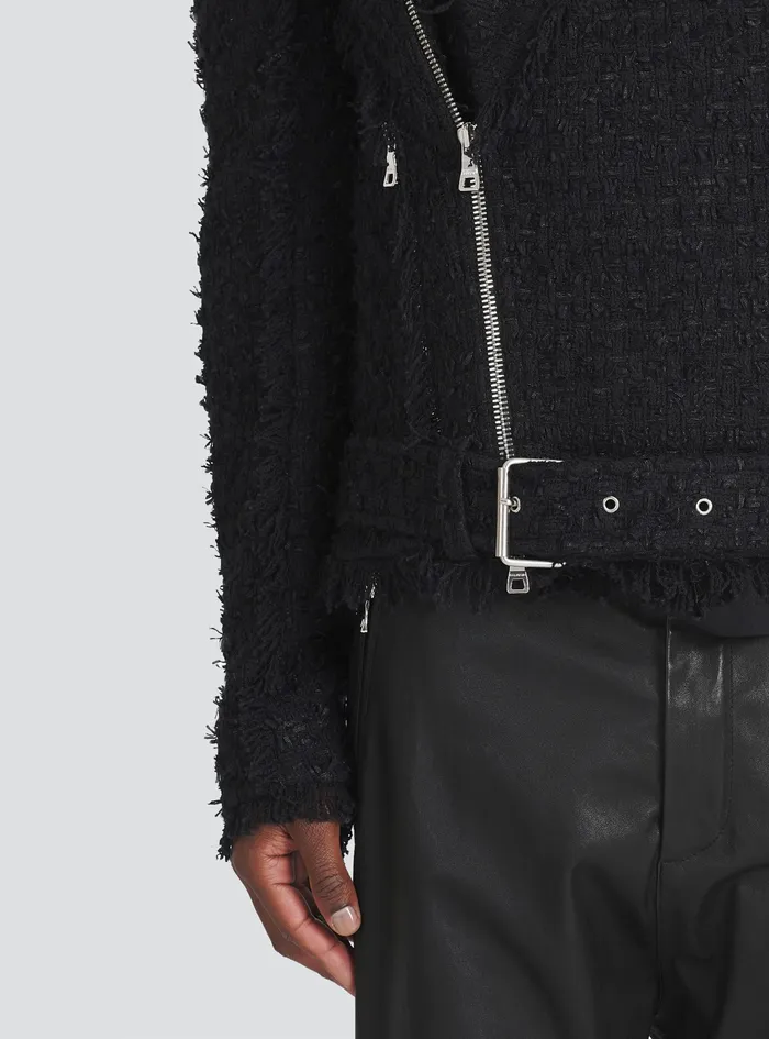 Balmain Outerwear Mens Tweed Jacket With Balmain Badge Black Balmain Outerwear Mens Tweed Jacket With Balmain Badge Black