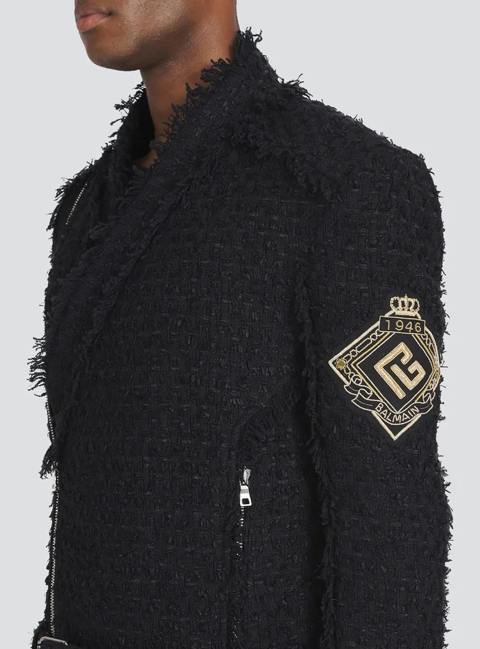 Balmain Outerwear Mens Tweed Jacket With Balmain Badge Black Balmain Outerwear Mens Tweed Jacket With Balmain Badge Black