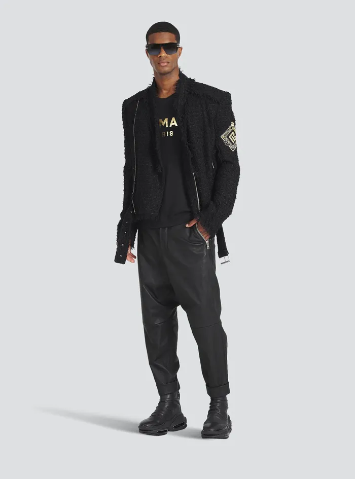 Balmain Outerwear Mens Tweed Jacket With Balmain Badge Black Balmain Outerwear Mens Tweed Jacket With Balmain Badge Black