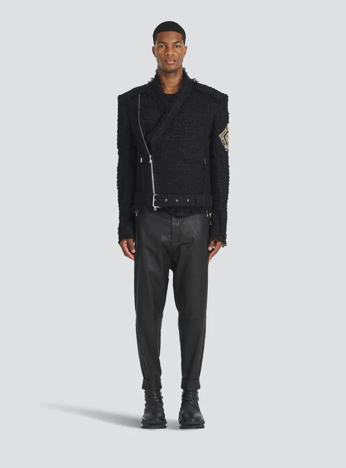 Balmain Outerwear Mens Tweed Jacket With Balmain Badge Black Balmain Outerwear Mens Tweed Jacket With Balmain Badge Black