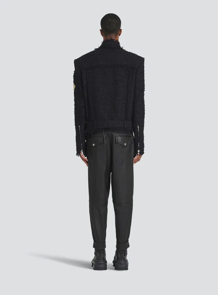 Balmain Outerwear Mens Tweed Jacket With Balmain Badge Black Balmain Outerwear Mens Tweed Jacket With Balmain Badge Black