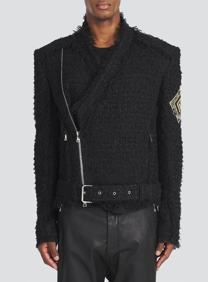 Balmain Outerwear Mens Tweed Jacket With Balmain Badge Black Balmain Outerwear Mens Tweed Jacket With Balmain Badge Black