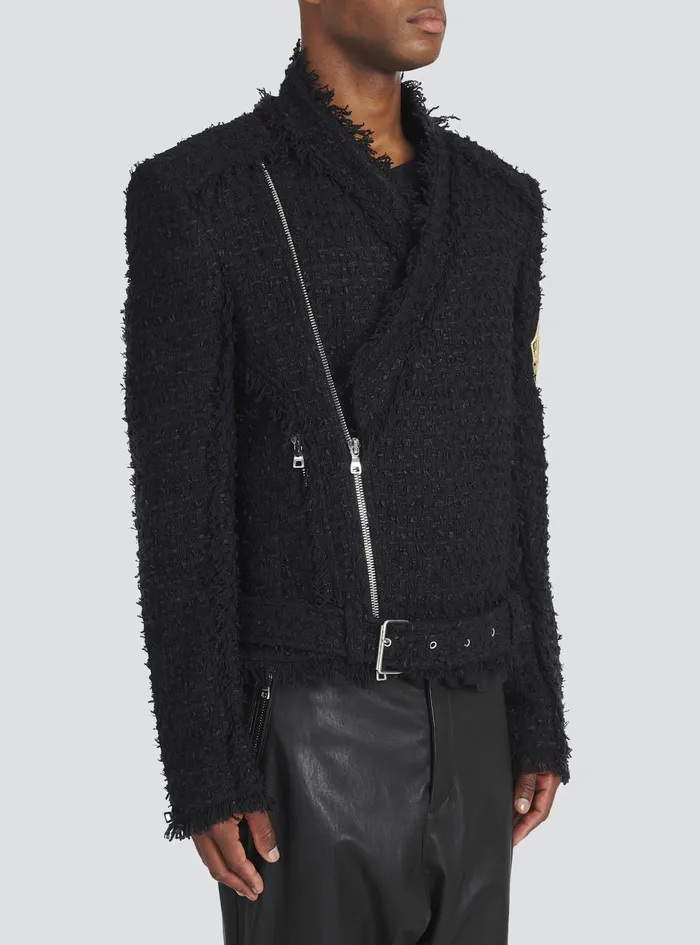 Balmain Outerwear Mens Tweed Jacket With Balmain Badge Black Balmain Outerwear Mens Tweed Jacket With Balmain Badge Black