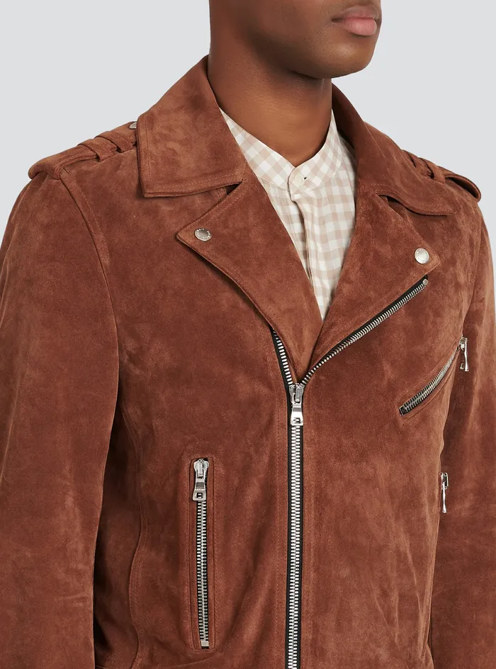 Balmain Outerwear Mens X Netflix Suede Biker Jacket Brown Balmain Outerwear Mens X Netflix Suede Biker Jacket Brown