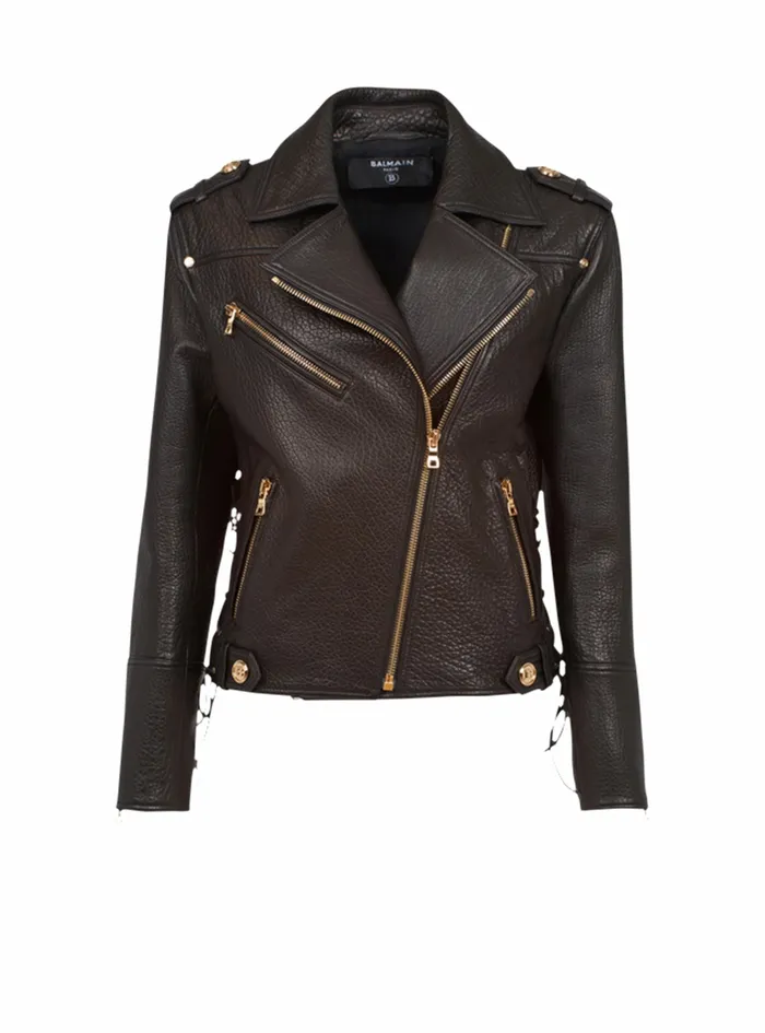 Balmain Outerwear Womens Leather LaceUp Jacket Black
