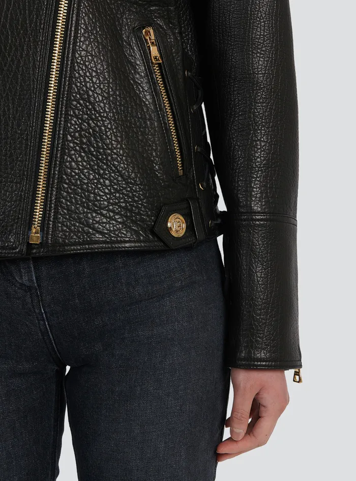 Balmain Outerwear Womens Leather LaceUp Jacket Black