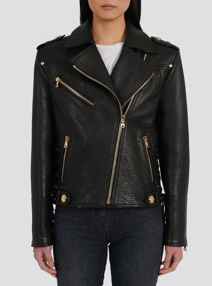 Balmain Outerwear Womens Leather LaceUp Jacket Black