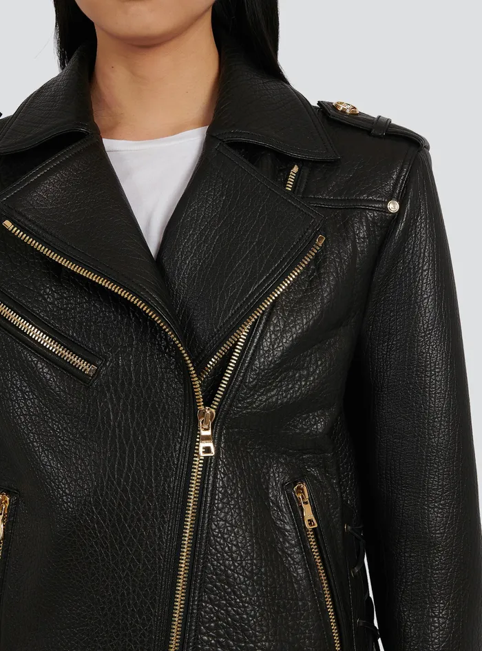 Balmain Outerwear Womens Leather LaceUp Jacket Black