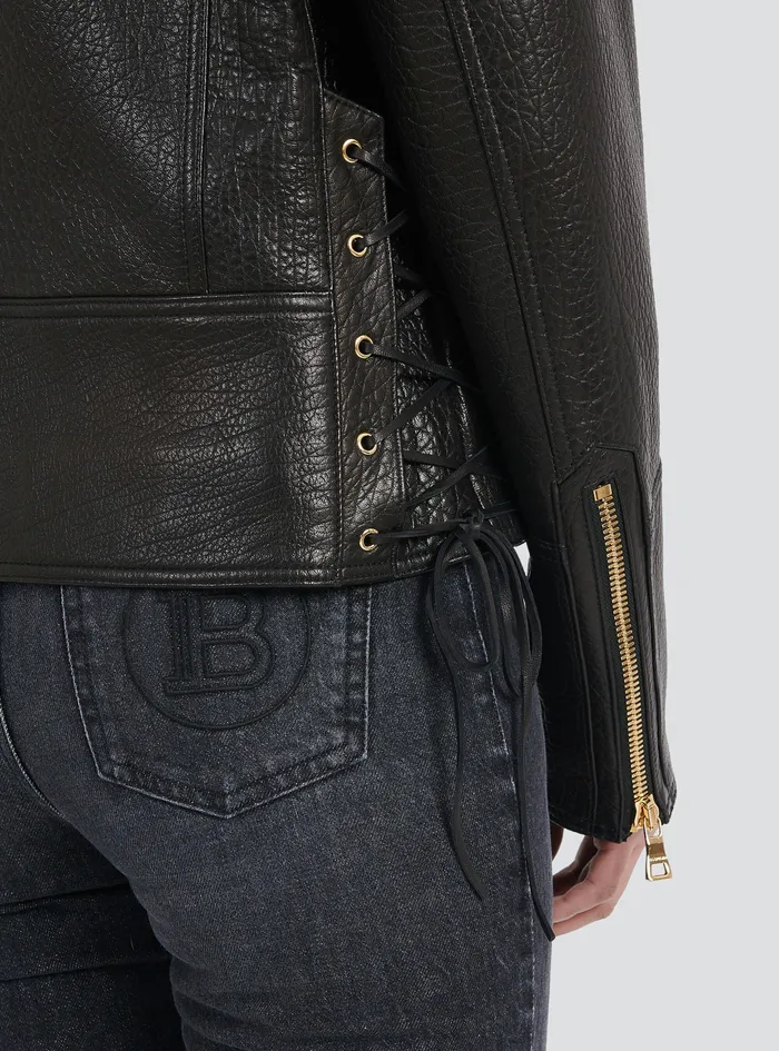 Balmain Outerwear Womens Leather LaceUp Jacket Black