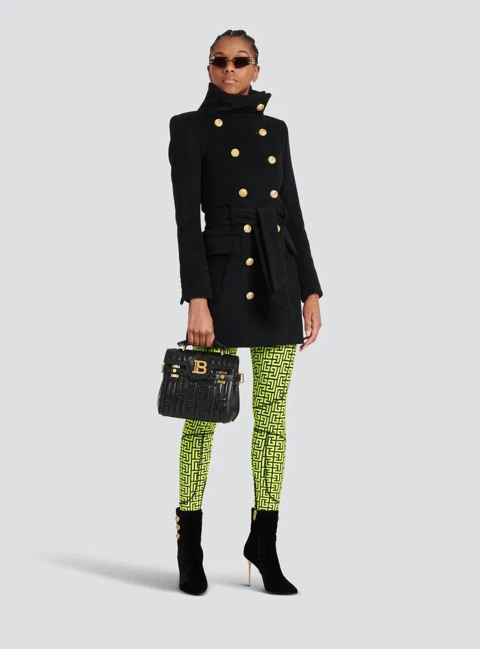 Balmain Outerwear Womens Long Wool Coat With DoubleBreasted GoldTone Buttoned Fastening Black