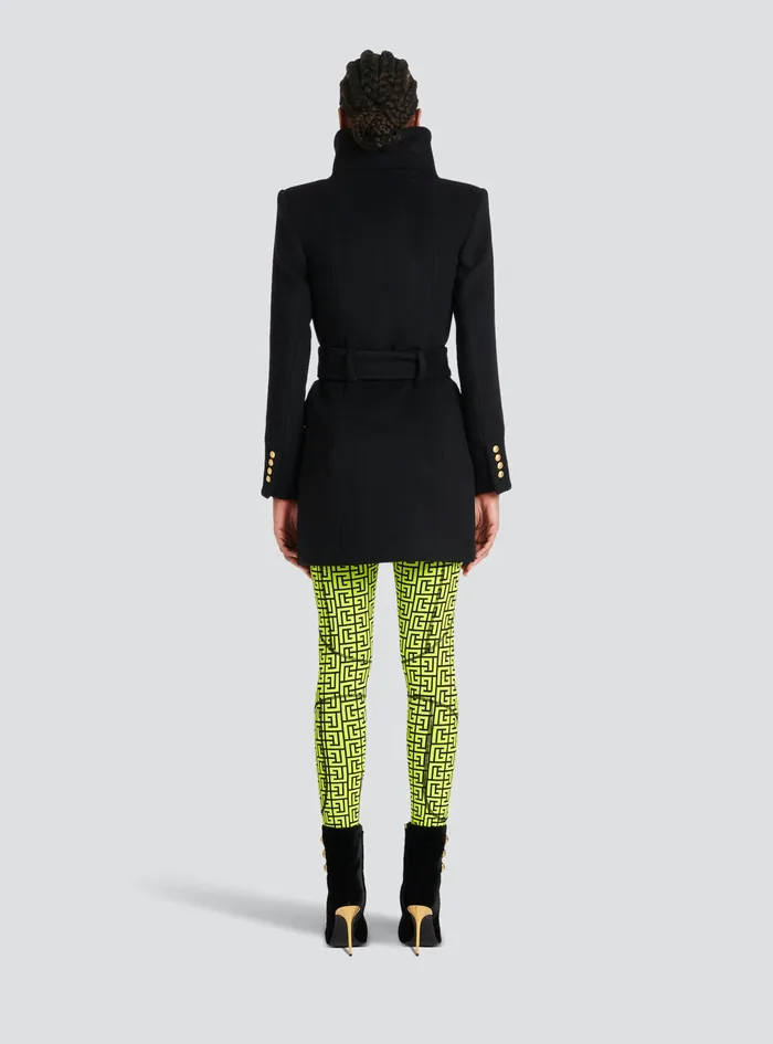 Balmain Outerwear Womens Long Wool Coat With DoubleBreasted GoldTone Buttoned Fastening Black