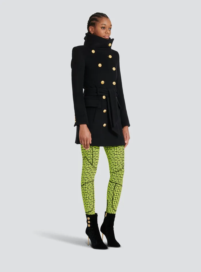 Balmain Outerwear Womens Long Wool Coat With DoubleBreasted GoldTone Buttoned Fastening Black