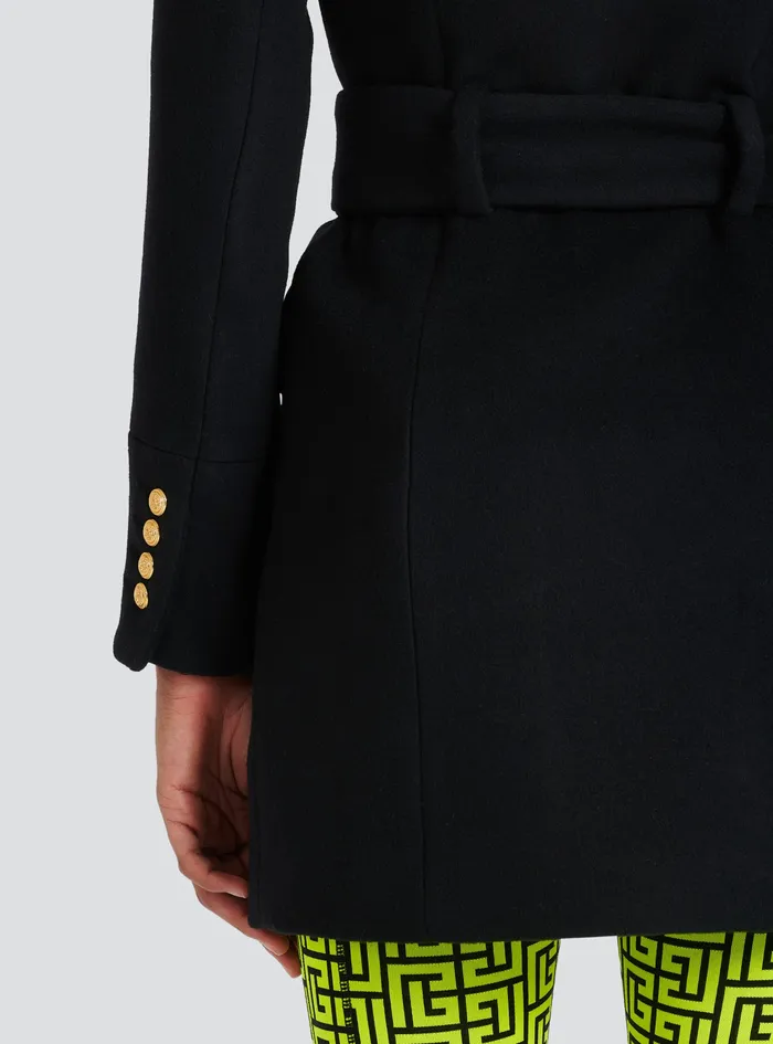 Balmain Outerwear Womens Long Wool Coat With DoubleBreasted GoldTone Buttoned Fastening Black
