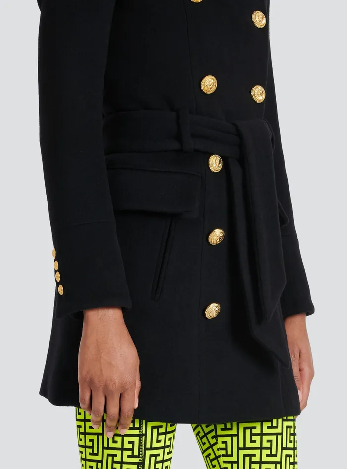 Balmain Outerwear Womens Long Wool Coat With DoubleBreasted GoldTone Buttoned Fastening Black