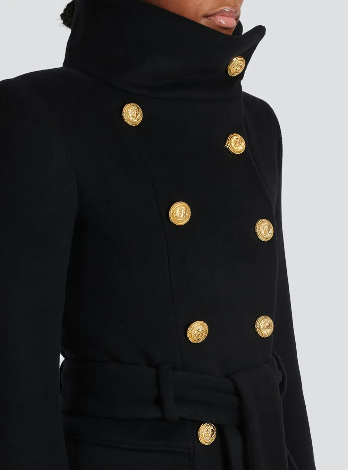 Balmain Outerwear Womens Long Wool Coat With DoubleBreasted GoldTone Buttoned Fastening Black