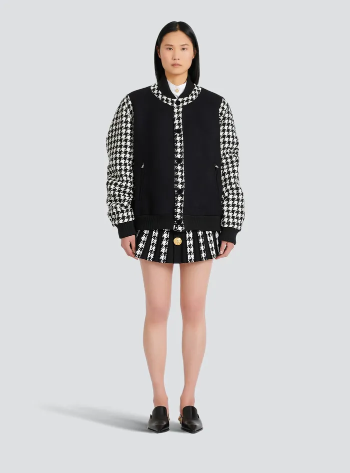 Balmain Outerwear WomensMens Unisex 8211 Bomber Jacket With Houndstooth Pattern Black Balmain Outerwear WomensMens Unisex 8211 Bomber Jacket With Houndstooth Pattern Black