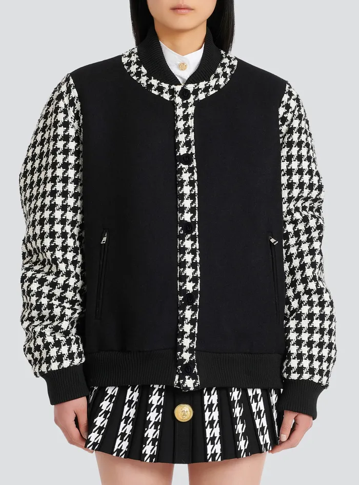 Balmain Outerwear WomensMens Unisex 8211 Bomber Jacket With Houndstooth Pattern Black Balmain Outerwear WomensMens Unisex 8211 Bomber Jacket With Houndstooth Pattern Black