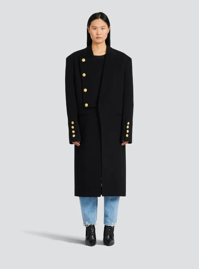 Balmain Outerwear WomensMens Unisex 8211 FourButton Wool Coat With Detachable Inset Jacket Black Balmain Outerwear WomensMens Unisex 8211 FourButton Wool Coat With Detachable Inset Jacket Black