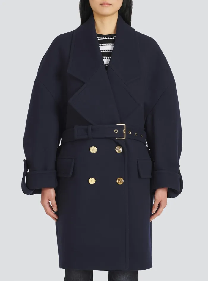 Balmain Outerwear Womens Wool And Cashmere Pea Coat With DoubleBreasted GoldTone Buttoned Fastening Navy Balmain Outerwear Womens Wool And Cashmere Pea Coat With DoubleBreasted GoldTone Buttoned Fastening Navy