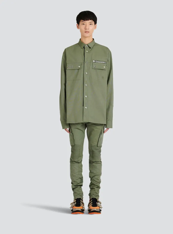 Balmain Shirts And Polos Mens Cotton Shirt With Embroidered Balmain Logo Khaki Balmain Shirts And Polos Mens Cotton Shirt With Embroidered Balmain Logo Khaki