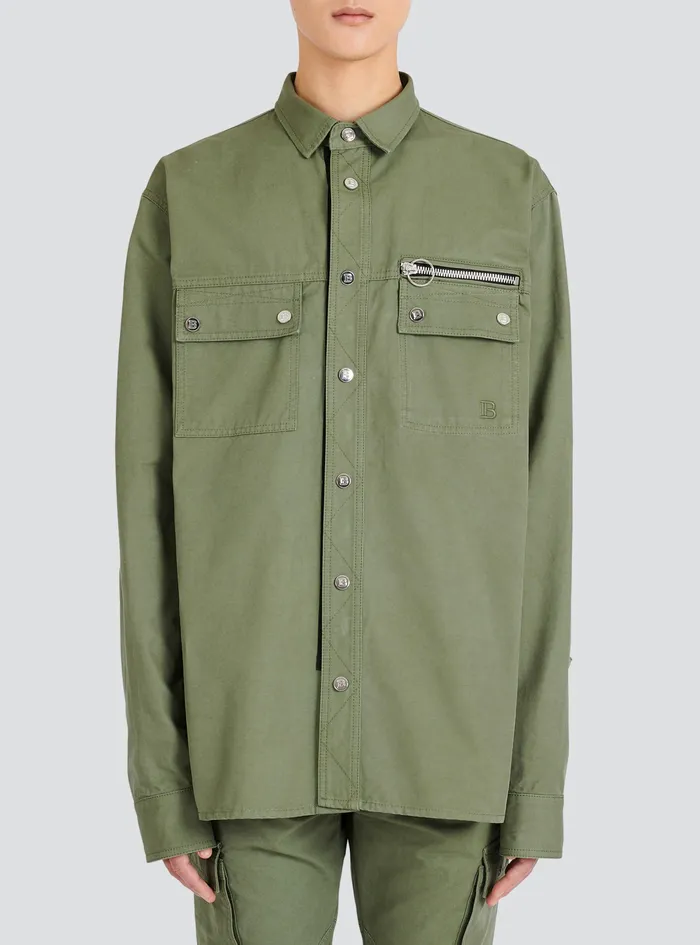 Balmain Shirts And Polos Mens Cotton Shirt With Embroidered Balmain Logo Khaki Balmain Shirts And Polos Mens Cotton Shirt With Embroidered Balmain Logo Khaki