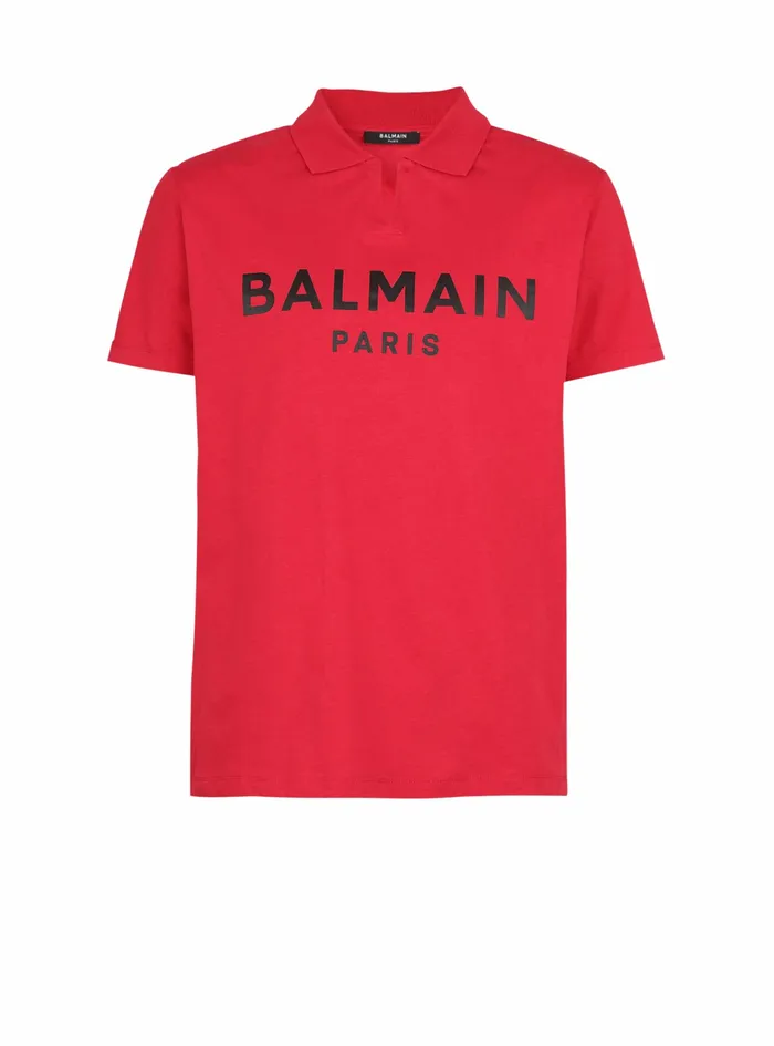 Balmain Shirts And Polos Mens EecoDesigned Cotton Polo With Black Balmain Logo Print Red Balmain Shirts And Polos Mens EecoDesigned Cotton Polo With Black Balmain Logo Print Red