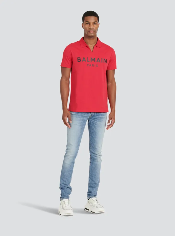 Balmain Shirts And Polos Mens EecoDesigned Cotton Polo With Black Balmain Logo Print Red Balmain Shirts And Polos Mens EecoDesigned Cotton Polo With Black Balmain Logo Print Red
