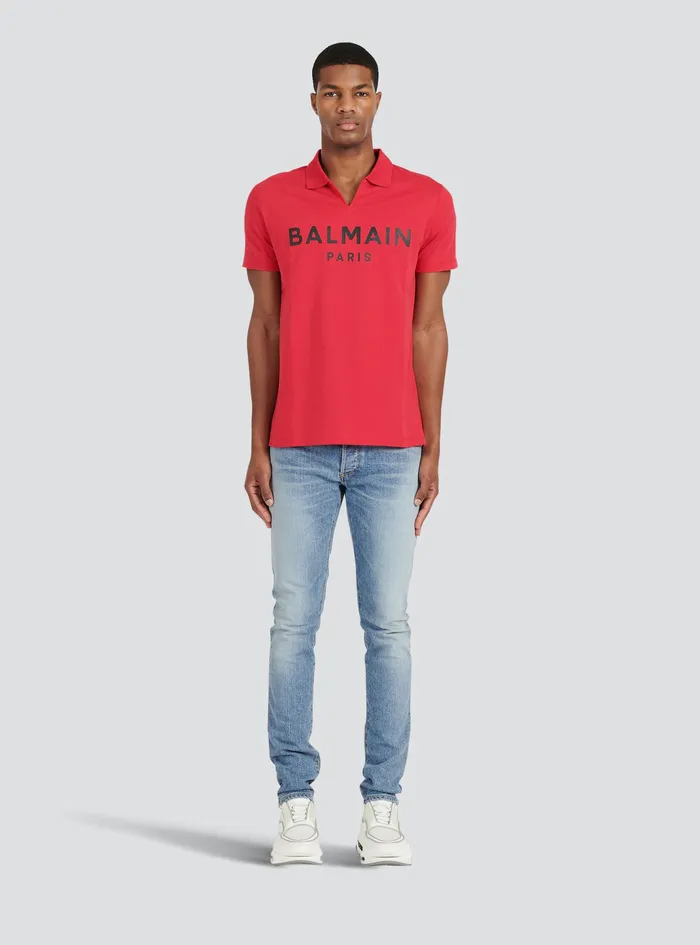 Balmain Shirts And Polos Mens EecoDesigned Cotton Polo With Black Balmain Logo Print Red Balmain Shirts And Polos Mens EecoDesigned Cotton Polo With Black Balmain Logo Print Red
