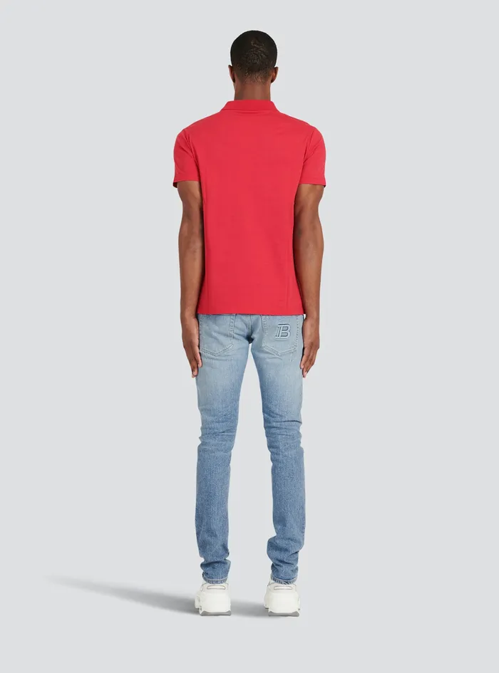 Balmain Shirts And Polos Mens EecoDesigned Cotton Polo With Black Balmain Logo Print Red Balmain Shirts And Polos Mens EecoDesigned Cotton Polo With Black Balmain Logo Print Red
