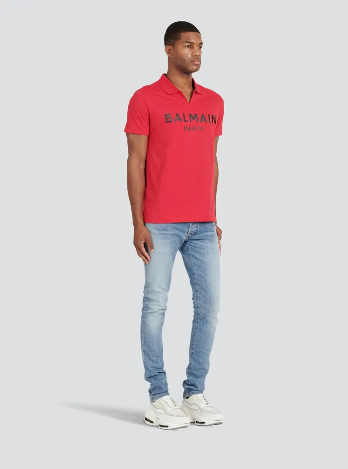 Balmain Shirts And Polos Mens EecoDesigned Cotton Polo With Black Balmain Logo Print Red Balmain Shirts And Polos Mens EecoDesigned Cotton Polo With Black Balmain Logo Print Red