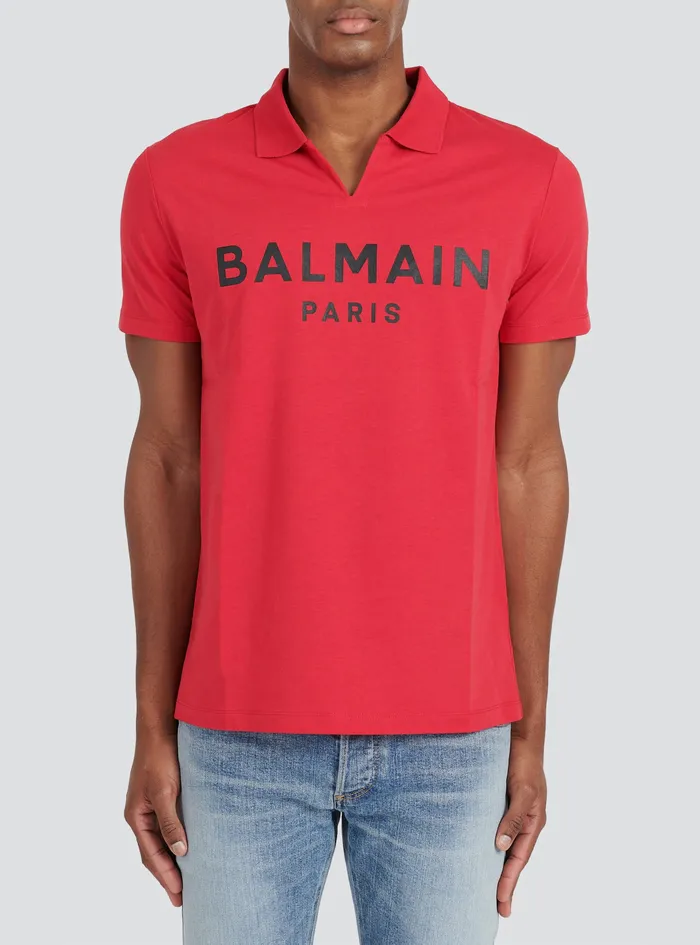 Balmain Shirts And Polos Mens EecoDesigned Cotton Polo With Black Balmain Logo Print Red Balmain Shirts And Polos Mens EecoDesigned Cotton Polo With Black Balmain Logo Print Red