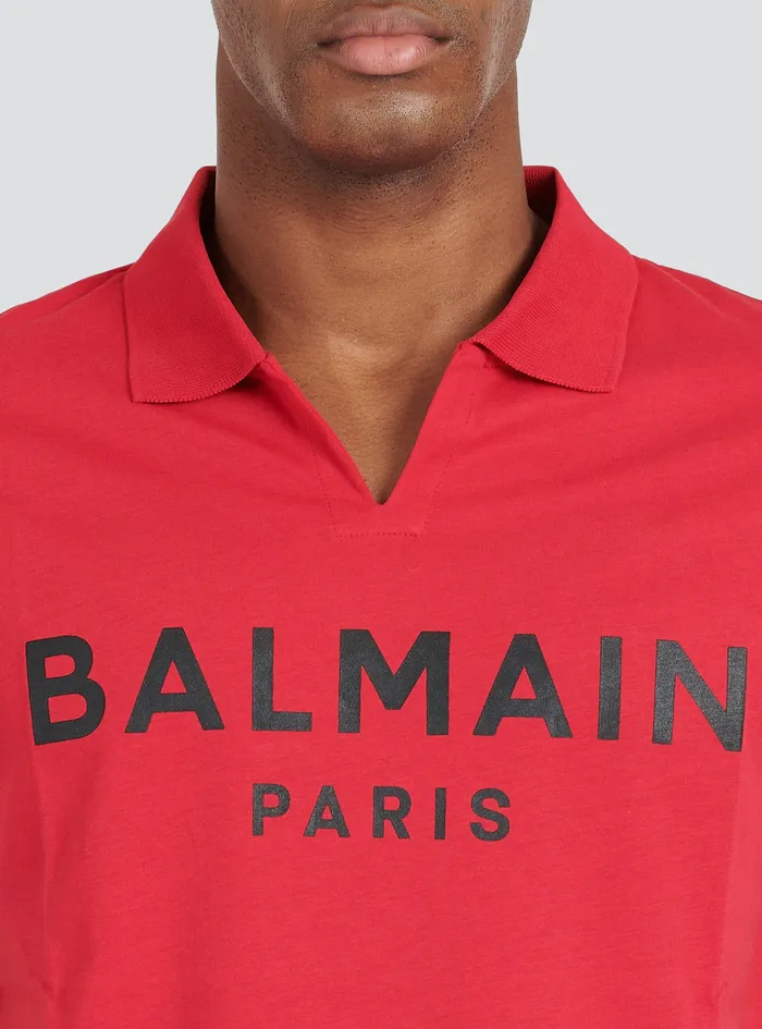 Balmain Shirts And Polos Mens EecoDesigned Cotton Polo With Black Balmain Logo Print Red Balmain Shirts And Polos Mens EecoDesigned Cotton Polo With Black Balmain Logo Print Red