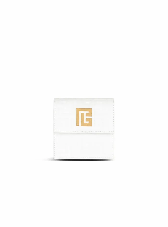 Balmain Small Leather Goods Womens Debossed Leather Chain Card Holder With Balmain Monogram White