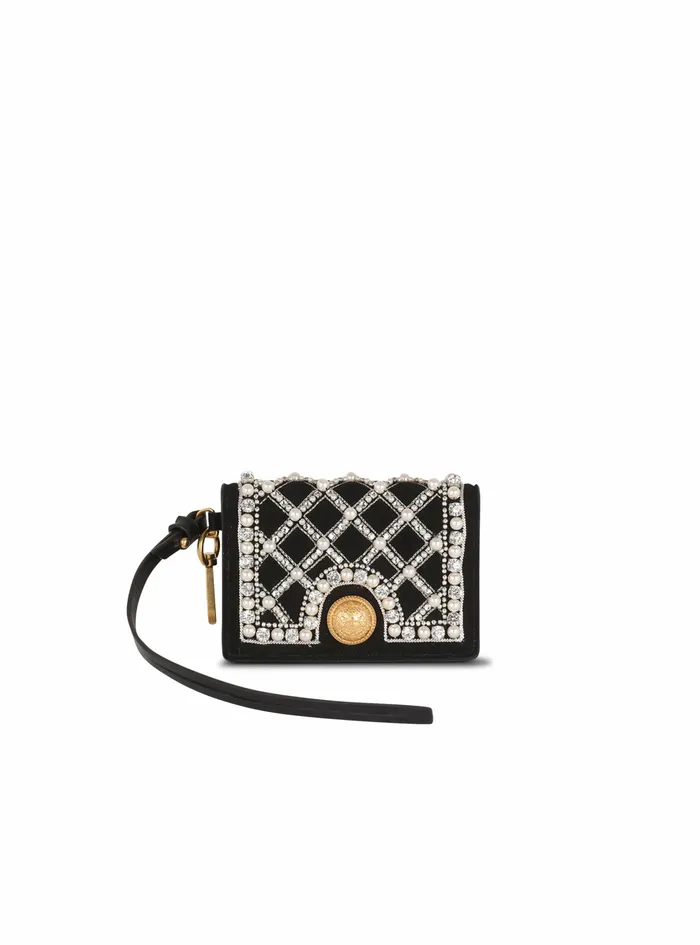 Balmain Small Leather Goods Womens Suede And Embroidered Pearl Coin Card Holder Black Balmain Small Leather Goods Womens Suede And Embroidered Pearl Coin Card Holder Black
