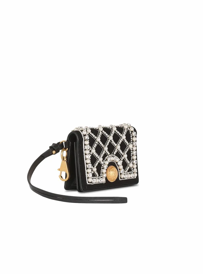 Balmain Small Leather Goods Womens Suede And Embroidered Pearl Coin Card Holder Black Balmain Small Leather Goods Womens Suede And Embroidered Pearl Coin Card Holder Black