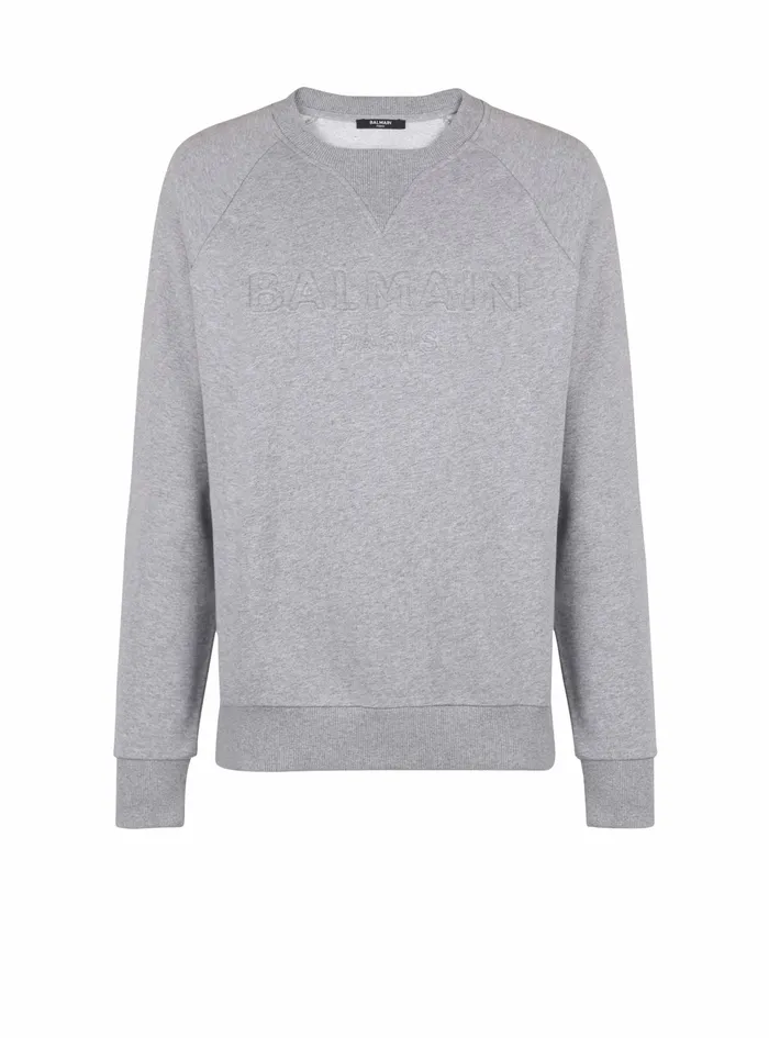 Balmain Sweatshirts Mens Cotton Sweatshirt With Embossed Balmain Logo Grey