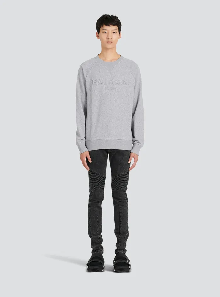 Balmain Sweatshirts Mens Cotton Sweatshirt With Embossed Balmain Logo Grey Balmain Sweatshirts Mens Cotton Sweatshirt With Embossed Balmain Logo Grey