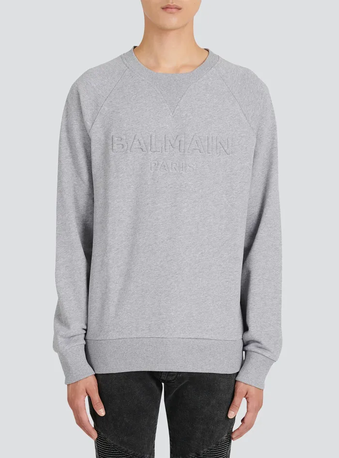 Balmain Sweatshirts Mens Cotton Sweatshirt With Embossed Balmain Logo Grey Balmain Sweatshirts Mens Cotton Sweatshirt With Embossed Balmain Logo Grey