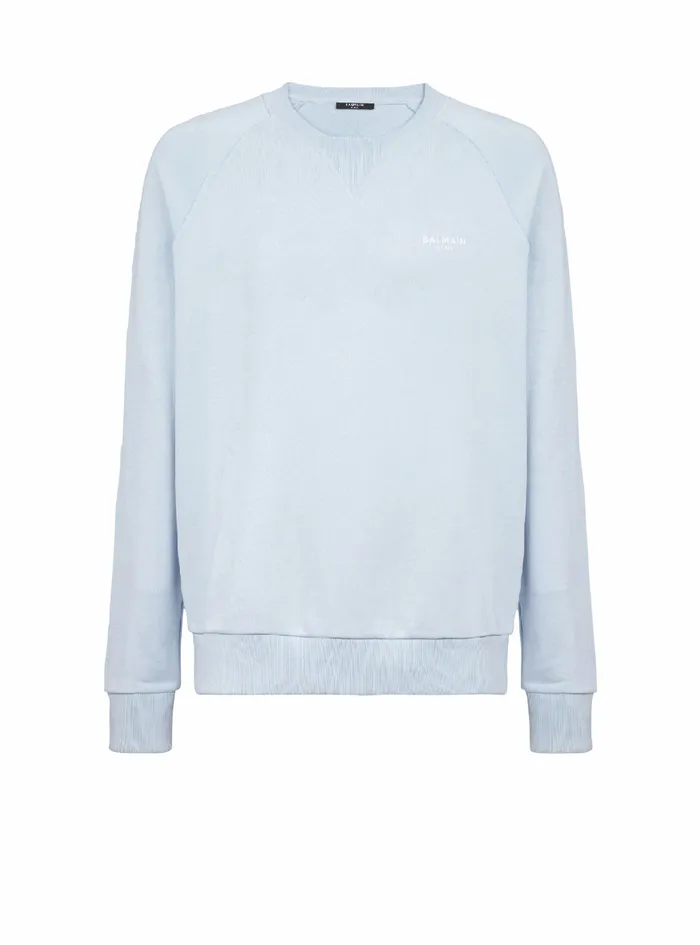 Balmain Sweatshirts Mens EcoDesigned Cotton Sweatshirt With Small Flocked Balmain Paris Logo Blue Balmain Sweatshirts Mens EcoDesigned Cotton Sweatshirt With Small Flocked Balmain Paris Logo Blue