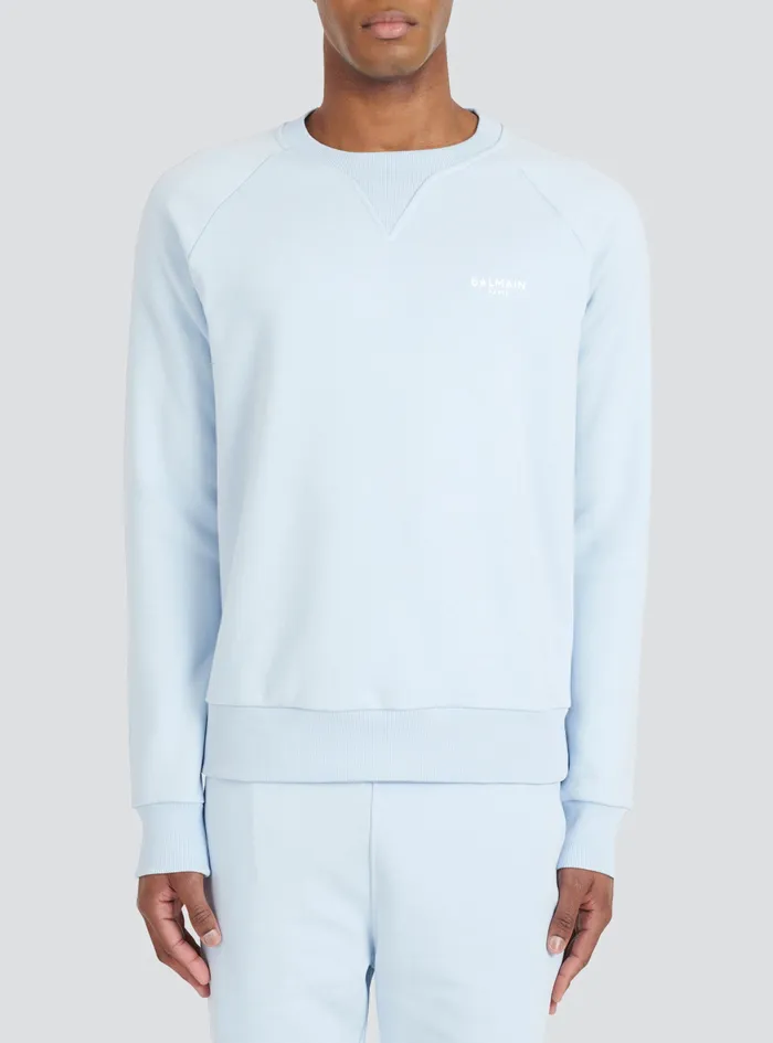 Balmain Sweatshirts Mens EcoDesigned Cotton Sweatshirt With Small Flocked Balmain Paris Logo Blue Balmain Sweatshirts Mens EcoDesigned Cotton Sweatshirt With Small Flocked Balmain Paris Logo Blue