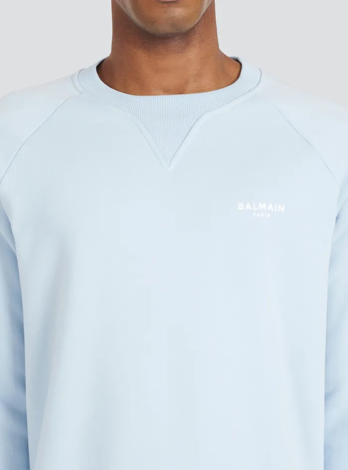 Balmain Sweatshirts Mens EcoDesigned Cotton Sweatshirt With Small Flocked Balmain Paris Logo Blue Balmain Sweatshirts Mens EcoDesigned Cotton Sweatshirt With Small Flocked Balmain Paris Logo Blue