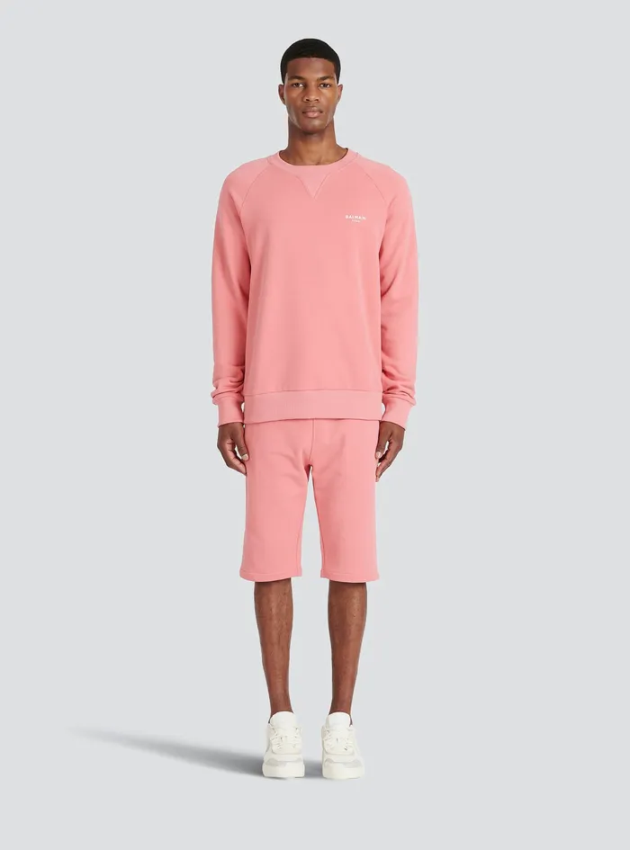 Balmain Sweatshirts Mens EcoDesigned Cotton Sweatshirt With Small Flocked Balmain Paris Logo Pink Balmain Sweatshirts Mens EcoDesigned Cotton Sweatshirt With Small Flocked Balmain Paris Logo Pink