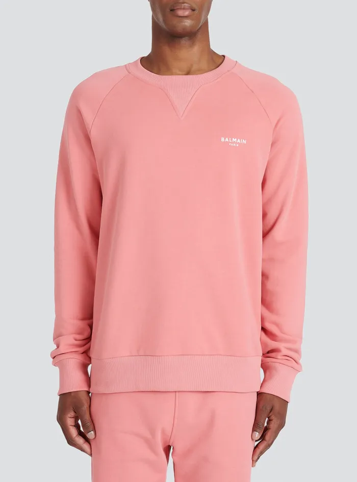 Balmain Sweatshirts Mens EcoDesigned Cotton Sweatshirt With Small Flocked Balmain Paris Logo Pink Balmain Sweatshirts Mens EcoDesigned Cotton Sweatshirt With Small Flocked Balmain Paris Logo Pink