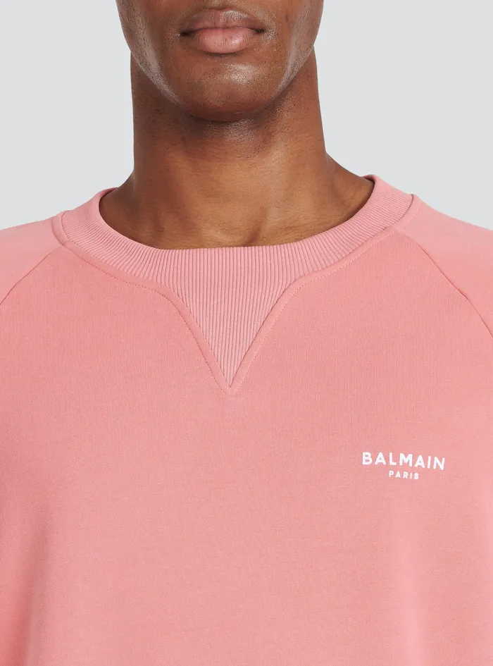 Balmain Sweatshirts Mens EcoDesigned Cotton Sweatshirt With Small Flocked Balmain Paris Logo Pink Balmain Sweatshirts Mens EcoDesigned Cotton Sweatshirt With Small Flocked Balmain Paris Logo Pink
